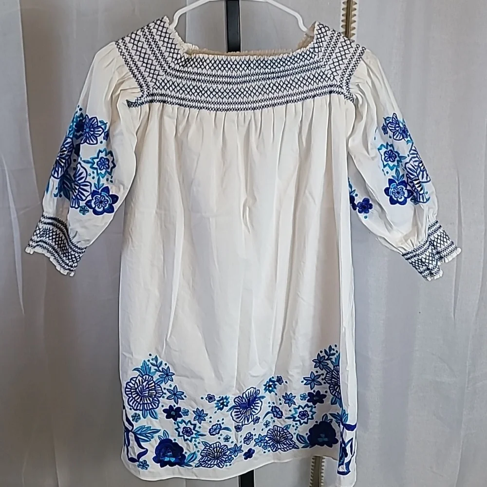 Parker Jace Cotton Poplin Blue Floral Embroidered Smocked Off Shoulder Dress XS - Picture 1 of 5